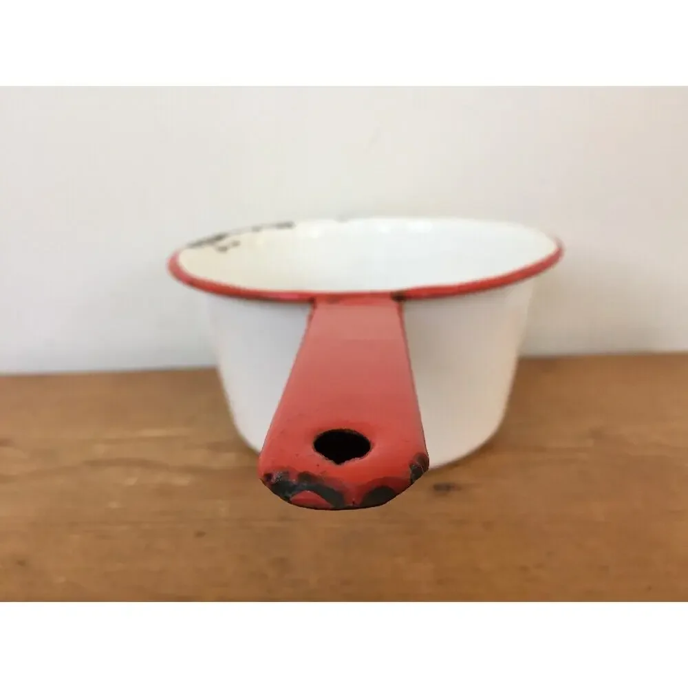 Vintage Antique White Red Metal Enamelware Primitive Small Sauce Pot Pan 7